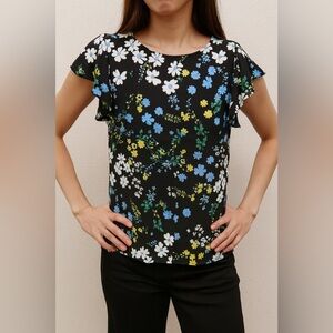 LOFT Black Floral‎ Ruffle Cap Sleeve Blouse - Size Small NWOT